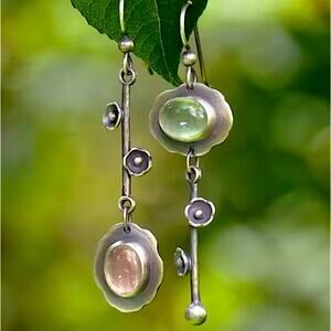 Silver Irregular Mix MatchPink and Peridot Flower Dangle Vintage Boho Earrings